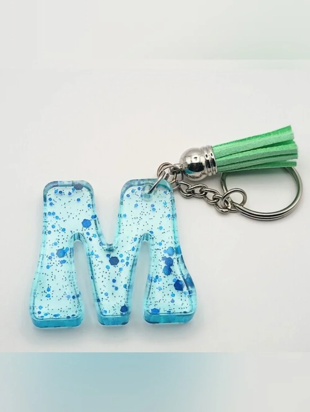 Letter M Blue Glitter Resin Keychain With Tassel